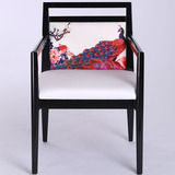 现代中式酒店单人沙发椅 水曲柳实木布艺餐椅 概念餐厅包厢椅子