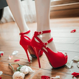 夏季新款超高跟红色结婚鞋细跟防水台性感新娘鞋鱼嘴凉鞋红鞋女鞋