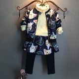 童装2016秋新款 女童小花猫印花棒球服外套+裙裤两件套装