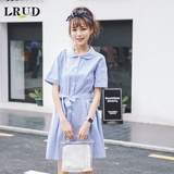 LRUD2016夏季新款韩版娃娃领修身格子连衣裙女高腰中长款衬衫裙