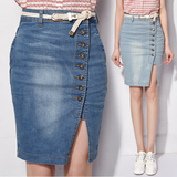 2016夏季新款牛仔裙女韩版高腰弹力显瘦半身裙前开叉排扣包臀裙潮