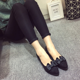 Lshoes2015秋季新款蝴蝶结平底低跟浅口单鞋女绒面甜美尖头女鞋潮