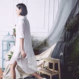 2015春夏薄丝雪纺透视上下拼接八分袖设计感宽松长款白色衬衫裙