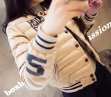 2015冬装新款韩版棒球服羽绒服女短款修身加厚印花学生夹克外套潮