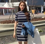 韩国直邮Qnigirls官网正品代购 春款瘦身半高领条纹连衣裙