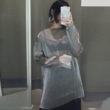 2016夏季韩版时尚宽松银色透视中长款长袖T恤女薄款防晒衣罩衫