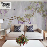 蕊西 手绘中式花卉油画壁纸 大型酒店会所背景墙纸 定制紫藤壁画