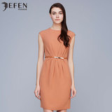 JEFEN/吉芬2016年春夏新款修身高腰压褶连衣裙橙色腰带无袖连身裙
