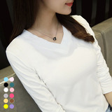 新款紧身V领t恤上衣韩版修身长袖t恤女打底衫学生白色纯棉体恤女