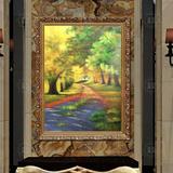 手绘风景油画走廊过道玄关黄金大道客厅装饰画树林景进门挂画竖版