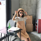 夏装韩国甜美学院风条纹针织短袖T恤衫拼接圆环吊带连衣裙假两件