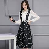 丝萝秋冬季新款韩版女装长袖衬衣背带裙两件套显瘦格子学院风套装