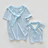 自制 男女宝宝海军风条纹T恤2016夏季短袖亲子装母子母女装新款韩