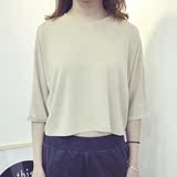 外贸女装 韩国版时尚宽松米兰棉高腰短款T恤 七分袖纯色打底衣潮