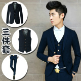 秋冬季青年韩版修身加厚款纯色西装三件套男装结婚黑色西服套装男