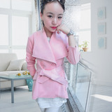 春季短款外套2016女装韩版修身粉色鹿皮绒双排纽扣腰带大领上衣