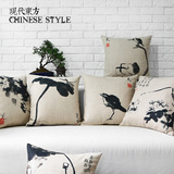 八大山人现代复古中式创意红木沙发水墨画茶室棉麻抱枕套沙发靠垫