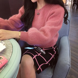 2016新款女装粉色灯笼袖貂绒毛衣兔毛套头秋冬韩版短款宽松学生潮