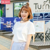 Skgirl纯色短袖t恤女学生宽松韩国粉色体恤衫女装夏装2016新款潮