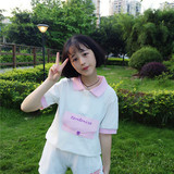 韩国ulzzang夏季女装可爱软妹小清新宽松短袖翻领T恤学生休闲上衣