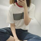 2016夏季韩版拼色圆领胸前箭头细条纹印花宽松百搭学生短袖T恤女