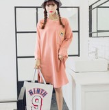 韩国原单大码女装2016春装卡通印花口袋中长款开叉卫衣长袖连衣裙