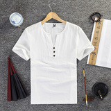 中国风夏季棉麻复古男装修身V领纯色短袖亚麻料半袖t恤衫麻布上衣