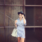 韩国代购2015夏季新款腰间绑带竖条纹短袖不规则衬衫连衣裙收腰女
