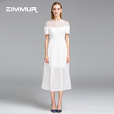 ZIMMUR2016夏季新款女装圆领短袖蕾丝拼接修身优雅中长款连衣裙