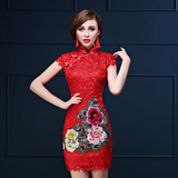 原创中国风立体刺绣旗袍2015夏新款红色敬酒服复古蕾丝出门晚礼服