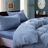 水洗棉四件套床笠款全棉格子被套纯棉面料专柜同款蓝色格纹小格