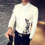 韩版青年夜店发型师梅花刺绣图案袖子带印花长袖修身白色男士衬衫
