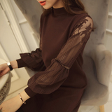 迷简2015韩版冬装新款女装针织衫蕾丝袖打底衫中长款女士宽松毛衣
