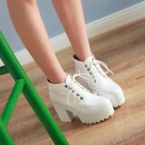 2016新款韩版马丁靴高跟粗跟短靴系带春秋夏季防水台白色