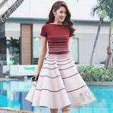 泰国潮牌 完美弧线气质条纹针织上衣复古条纹太空棉蓬蓬裙伞裙
