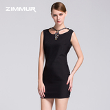 ZIMMUR2016夏装新款女装双绉圆领无袖欧美时尚气质修身连衣裙中裙
