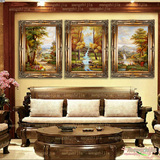 欧式油画纯手绘客厅三拼组合山水有框野外风景别墅玄关装饰V1688