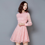 春装新款女装2016韩版修身立领花朵刺绣气质网纱中长款蕾丝连衣裙