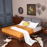 全实木床 北欧简约风格双人床布艺软靠 纯榆木床 样板房家具