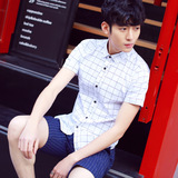 夏季潮流男士新款格子短袖衬衫男式韩版修身免烫衬衣男格仔寸衫潮