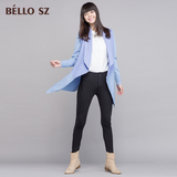 bello sz2015秋冬新款气质长袖宽松拼接羊毛呢大衣外套女 中长款