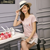 粉色T恤女短款2016夏季圆领潮甜美印花图案可爱修身韩版短袖上衣