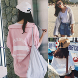 2016夏装韩版宽松字母印花长袖中长款衬衫外套女学生防晒衣潮衬衣