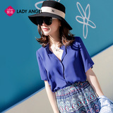 Ladyangel2016夏季新款立领蓝色雪纺短袖衬衣直筒衬衫女61150833