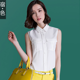 宿色雪纺衫2015夏装新款韩版白色翻领无袖衬衫打底OL上衣衬衣