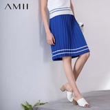 Amii旗舰店2016春装新品 艾米女装A型修身显瘦百褶透视拼接半身裙