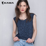 卡玛KAMA 夏季新款女装 时尚水洗绣花圆领无袖T恤女 7215968
