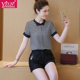 Yi－xn2016夏季新款小香风条纹t恤衫女黑色短裤两件套时尚套装裤