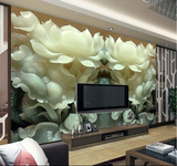 中式高清玉雕荷花3D立体墙纸电视背景墙客厅卧室无缝墙布壁画壁纸