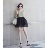 TTLAVIE独家 韩国制 黑色立体竖纹理蕾丝透视双层高腰半身裙